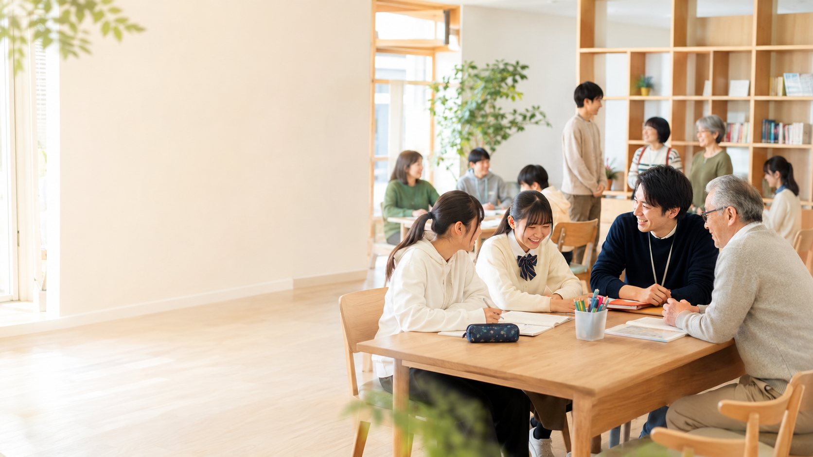 教室で子どもと大人が机を囲んで談笑している様子